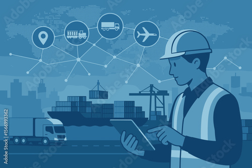 Logistics manager using tablet for smart supply chain management, global distribution network, cargo ship, freight transport, import export, container shipping, intelligent logistics technology