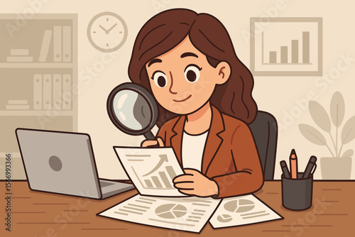 Businesswoman analyzing financial documents with magnifying glass at office desk, cartoon vector illustration. Audit, research, data analysis, report review, professional workplace concept