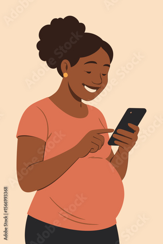 Smiling pregnant Black woman using a mobile phone. Happy expectant mother concept vector illustration. Future mom browsing a pregnancy app, social media, or texting online. Maternity joy.