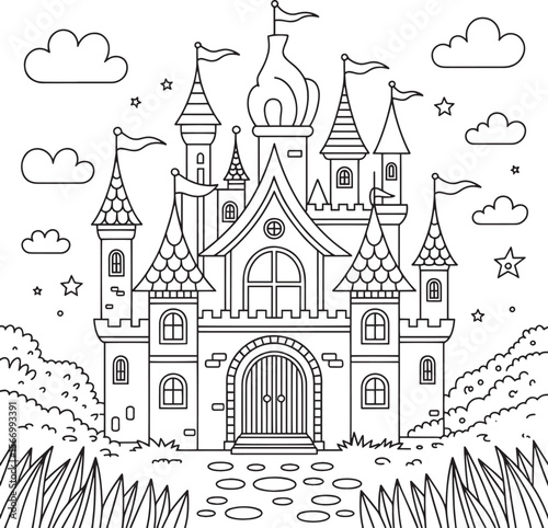 Fairytale Castle Illustration in Black and White