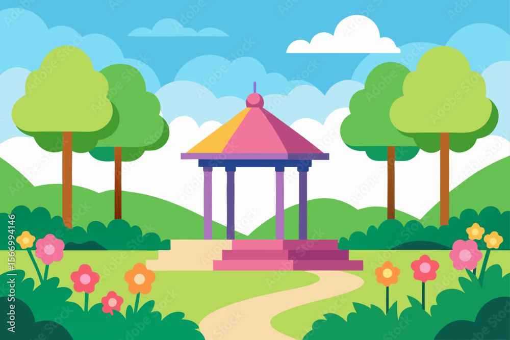 Fototapeta premium Cartoon Park In Springtime With Blooming Shrubs