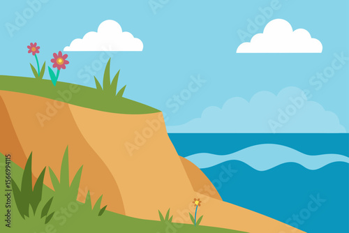 Cartoon Ocean Cliffs With Sea Grasses And Blooming Flowers