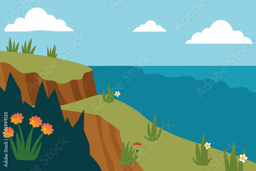 Cartoon Ocean Cliffs With Sea Grasses And Blooming Flowers