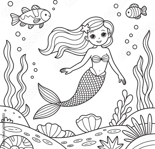 Mermaid swimming underwater with fish and sea plants, perfect for fantasy or ocean-themed designs.
