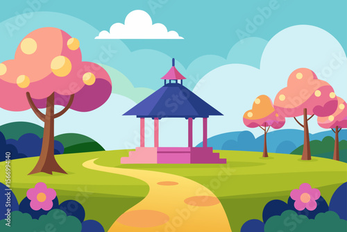 Cartoon Park In Springtime With Blooming Shrubs