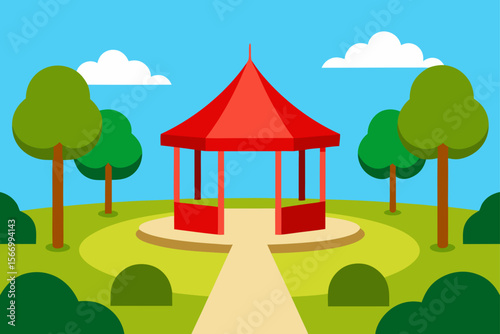Cartoon Park With A Red Roof Gazebo Perfectly Trimmed Trees