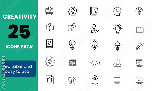 Creativity Line Editable Icons set. Vector illustration in modern thin line style of inventiveness-related icons: imagination, innovation, inspiration, originality, etc.