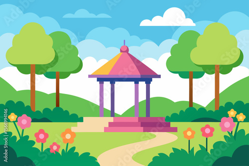 Cartoon Park In Springtime With Blooming Shrubs