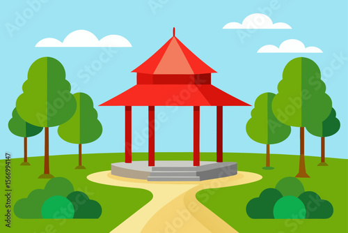 Cartoon Park With A Red Roof Gazebo Perfectly Trimmed Trees