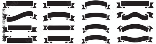 Black banner, ribbon silhouette vector set. Perfect for title, decoration, design. Editable, customizable. Bold shapes, modern to vintage styles. Straight edged, curved, waved designs 