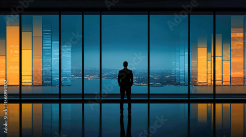 Investor reviewing stock market charts in minimalist high-rise office with floating digital data and sharp shadow lines.