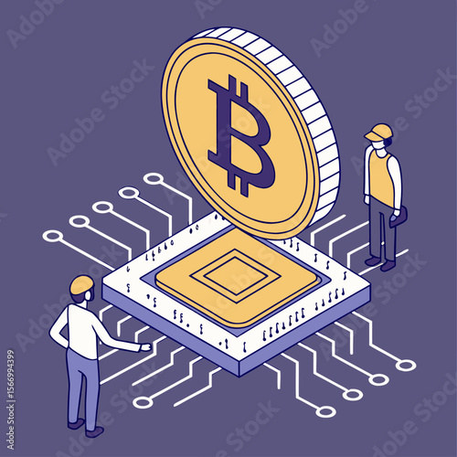 Isometric Bitcoin Technology Vector – Engineers with Crypto Coin on Microchip Circuit