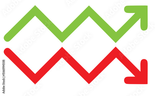 Green Upward and Red Downward Zigzag Arrows, Symbolizing Market Trends, Growth, and Decline in Business