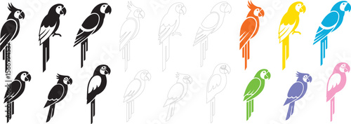 Vibrant and diverse collection of parrot and macaw bird icons in solid, outline, and colorful variations, perfect for tropical, nature, pet, and exotic animal-themed designs.