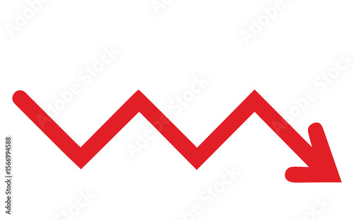 Red Downward Trending Zigzag Arrow, Symbolizing Financial Decline, Economic Downturn, and Market Loss
