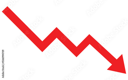 Red Downward Pointing Zigzag Arrow, Symbolizing Financial Decline, Market Drop, and Economic Recession