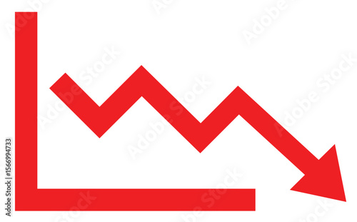 Red Downward Trending Zigzag Graph Arrow, Symbolizing Financial Decline, Economic Loss, and Market Drop