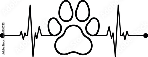 Paw Print Heartbeat Lifeline, EKG Wave with Dog or Cat Paw Symbol for Pet Lovers.