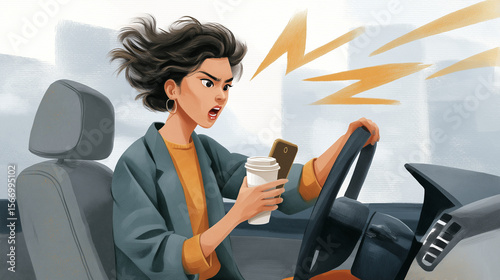 Driver in Traffic Jam with GPS Delay and Coffee Cup