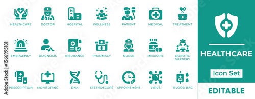 Healthcare Icon Set. Includes icons of doctors, hospitals, medical care, diagnosis, treatment, and health services. Perfect for clinics, apps, and wellness projects.