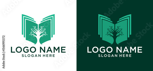 Illustration of a book logo with negative space of the tree of life. Vector tree in a book for book publishers with a genius idea, having a natural impression.