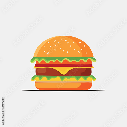 Delicious Double Cheeseburger, Flat Design, Vibrant Colors, Happy Mood, Fast Food Illustration.