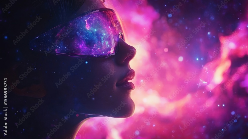 Naklejka premium A woman wearing futuristic glasses gazes into a colorful galaxy, blending technology with the beauty of space.