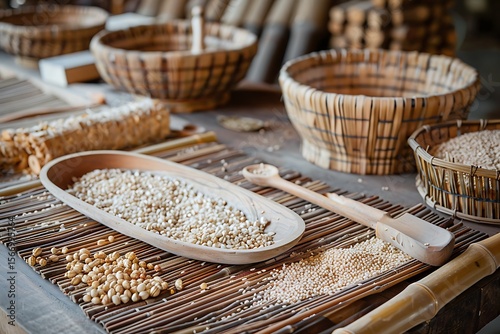 Wooden bowls filled with various grains high resolution picture