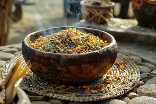 Wooden bowl filled with village spices high resolution picture