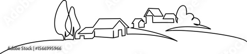 Landscape with village houses on hill. Continuous one line drawing.