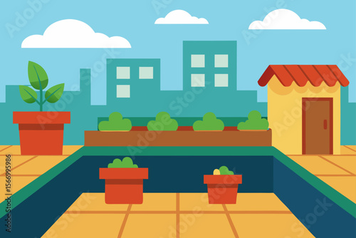 Cartoon Rooftop Garden With Potted Plants Trellis