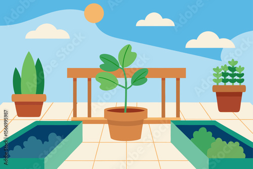 Cartoon Rooftop Garden With Potted Plants Trellis