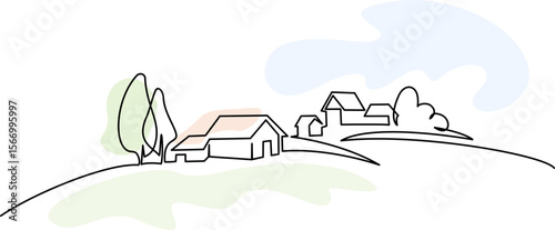 Landscape with village houses on hill. Continuous one line drawing.
