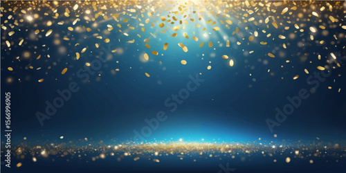 Bright festive fireworks illuminate the winter night sky, creating an abstract background with glowing stars and a celestial blue celebration