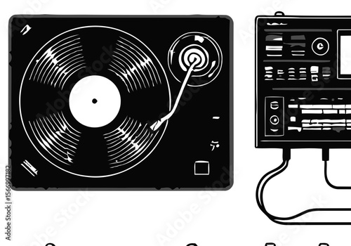 Illustration of various musical instruments and audio equipment in black and white style design