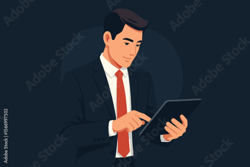 Businessman holding and touching digital tablet. Professional corporate executive in a formal suit working on a project online. Modern business technology concept vector illustration.