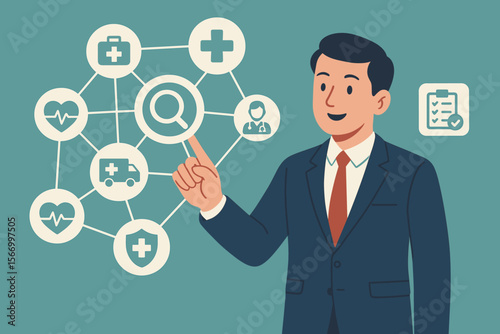 Businessman searching online for a health insurance plan. Man uses a digital interface to choose medical services, doctor, and healthcare network. Health tech concept. Flat vector.