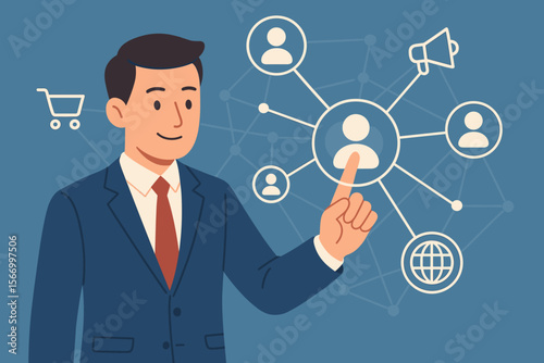 Businessman touching customer icon on virtual interface. CRM concept with global networking connection for online shopping, digital marketing, and business strategy. Flat vector.