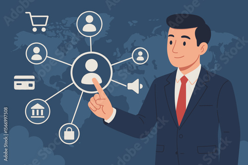 Global business networking and CRM concept. Businessman using a virtual screen to manage customer connections, online shopping, payment, banking, and digital marketing strategies.