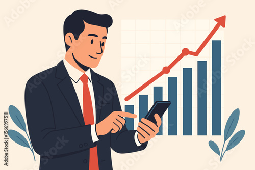 Businessman analyzing sales data on smartphone. Financial report with economic growth graph chart. Business success, investment strategy, market analysis vector illustration concept.
