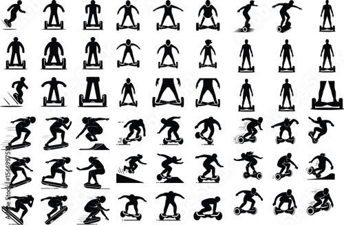 Person on Hoverboard Icons – Black Silhouette Vector Pack Hoverboard Rider Silhouette Set – Modern Transport Icon Collection