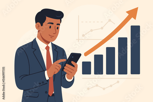 Businessman using smartphone analyzing sales data and economic growth graph. Financial management and business strategy concept with chart. Successful investment and profit increase.