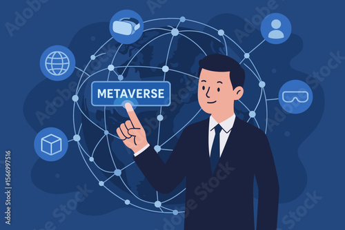 Businessman touching metaverse button on a virtual screen. Concept of a global network connecting virtual and augmented reality, future business, digital worlds, and crypto.