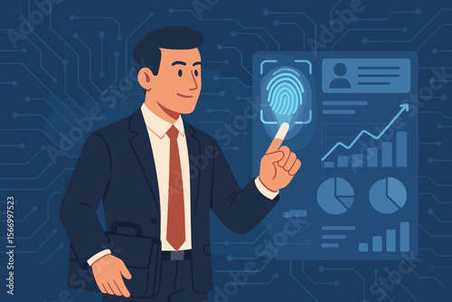 Businessman using fingerprint scan to access finance data, charts, and graphs. Biometric identification and authentication technology for security, data protection, and cybersecurity.