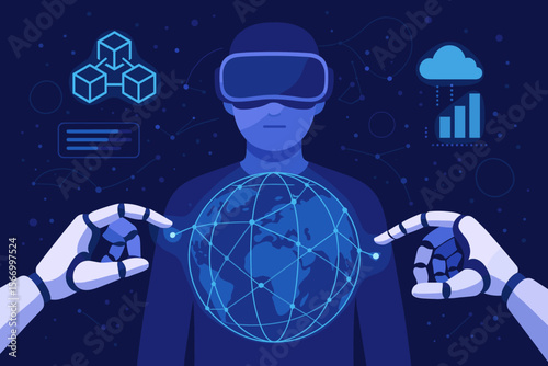 Metaverse concept with person in VR headset and AI robot hands. User exploring global digital network. Futuristic technology, artificial intelligence, blockchain, and cloud computing.