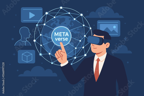 Businessman in VR headset touching metaverse on a global network interface. Man exploring virtual world. Augmented reality, future technology, business innovation, and work simulation.