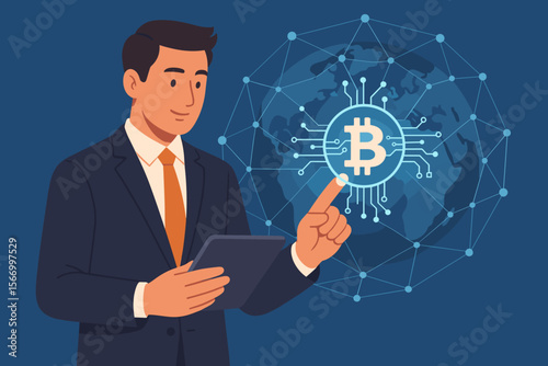 Fintech concept with businessman and cryptocurrency. Investor touching glowing Bitcoin symbol on global blockchain network. Digital finance, investment, and modern technology vector.