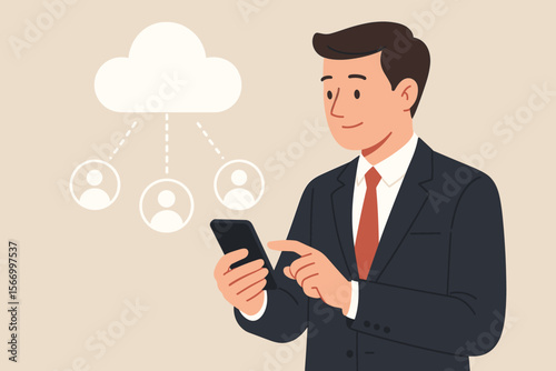Businessman using smartphone to connect with customer network via cloud computing service. Modern flat vector illustration of professional managing CRM data and contacts remotely.