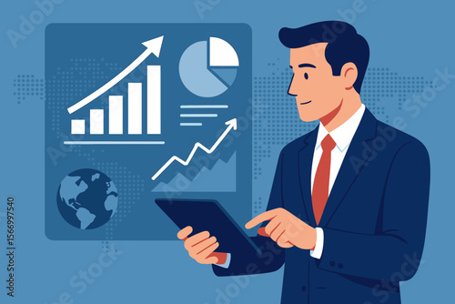 Businessman analyzing sales data and business growth on a virtual interface with a tablet. Financial analyst working with charts on a dashboard for a global business strategy.