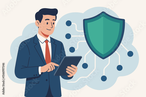Businessman with tablet and shield icon for cybersecurity. Data protection, network safety, and internet privacy concept. Secure cloud technology, antivirus, and firewall. Flat vector illustration.